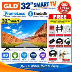 GLD 32" INCHES SMART ANDROID TV FRAMELESS SMART BLUETOOTH NETFLIX YOUTUBE TV WIFI TELEVISION INBUILT DECODER FOR LOCAL CHANNELS WIDE COLOR ENHANCER USB HDMI PORTS GLD TV GLD32 TV GLDTV+ 8 FREE GIFTS