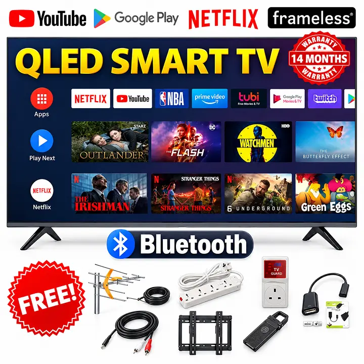VITRON 32" Inch Smart Android TV BLUETOOTH TV QLED TV HTC3288QS,FRAMELESS  TELEVISION Inbuilt Decoder Inbuilt WIFI Enabled Netflix YouTube  App store ICAST VitronTV VITRON 32 Vitron TV + 7 FREE GIFTS