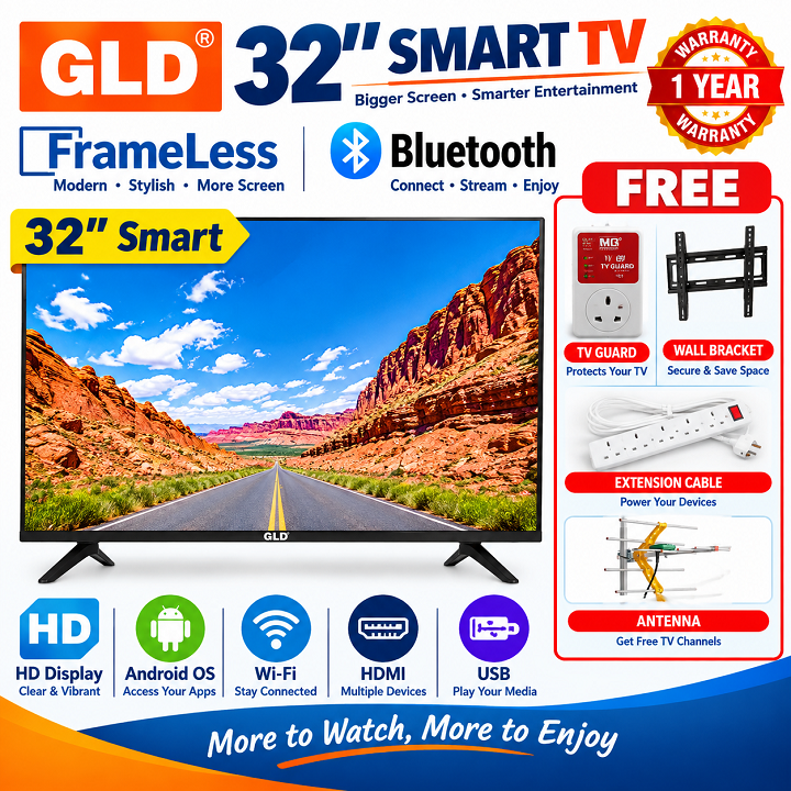 GLD 32 Inch Smart Android TV App store Bluetooth Enabled Inbuilt Decoder local channels Netflix YouTube TV USBHDMI Ports Built-in WIFI ACCESS GLD32 GLD TV GLD32inch TV HD TV + 4 EXTRA FREE GIFTS