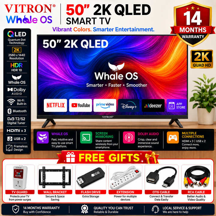 VITRON 50" INCH SMART TV 4K UHD QLED TV HTC50QW BLUETOOTH TELEVISION WIFI TV INBUILT DECODER NETFLIX YOUTUBE APPSTORE 1.5GBRAM 8GBROM VITRON 50INCH TV VITRON50 VITRON TV WHALE TV + 6 FREE ACCESSORIES
