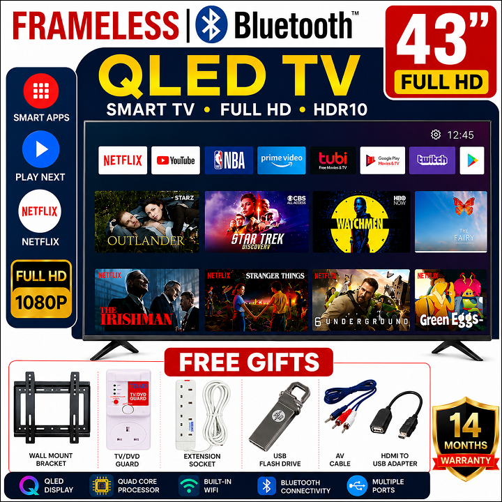 VITRON 43" INCH SMART ANDROID TV FHD HTC4300QFS QLED TV BLUETOOTH FRAMELESS FHD TELEVISION NETFLIX YOUTUBE BUILT-IN WIFI APP STORE 1GB-RAM 8GB-ROM 3*HDMI PORTS ICAST SCREEN VITRON43+6 FREE ACCESSORIES