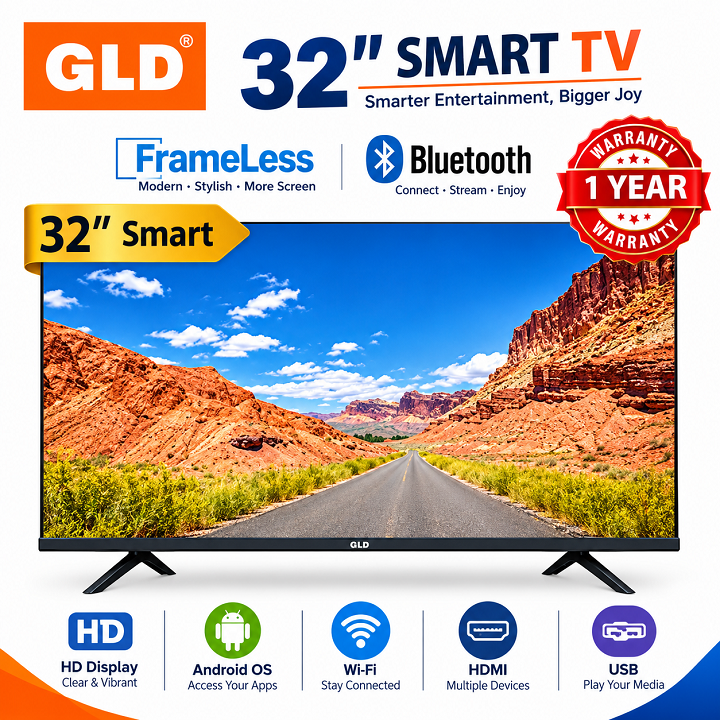 GLD 32" Inch Smart Android TV Digital TV App-store Bluetooth TV Inbuilt Decoder for local channels Netflix YouTube TV USB&HDMI Ports Built-in WIFI ACCESS Wide Color Enhancer 1GBRam 8GBrom Frameless TV