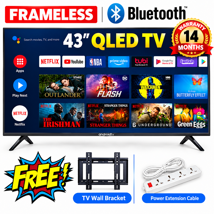 VITRON 43" INCH SMART ANDROID TV HTC4300QFS QLED  FHD TV ICAST NETFLIX YOUTUBE TELEVISION INBUILT DECODER WIFI  APP STORE 1GB-RAM 8GB-ROM 2*USB 3*HDMI PORTS VITRON43 TV+FREE EXTENSION + WALL BRACKET