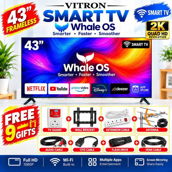 Vitron 43" inch Smart TV Whale OS TV HTC43W 2K QUAD HD LED TV WIFI Enabled Bluetooth ENABLED TV Frameless Television Netflix YouTube TV Prime Video Inbuilt Decoder DSTV APP VITRON TV+ 8 FREE GIFTS