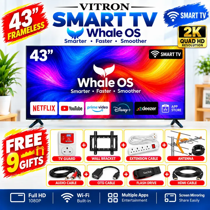 Vitron 43" inch Smart TV Whale OS TV HTC43W 2K QUAD HD LED TV WIFI Enabled Bluetooth ENABLED TV Frameless Television Netflix YouTube TV Prime Video Inbuilt Decoder DSTV APP VITRON TV+ 8 FREE GIFTS