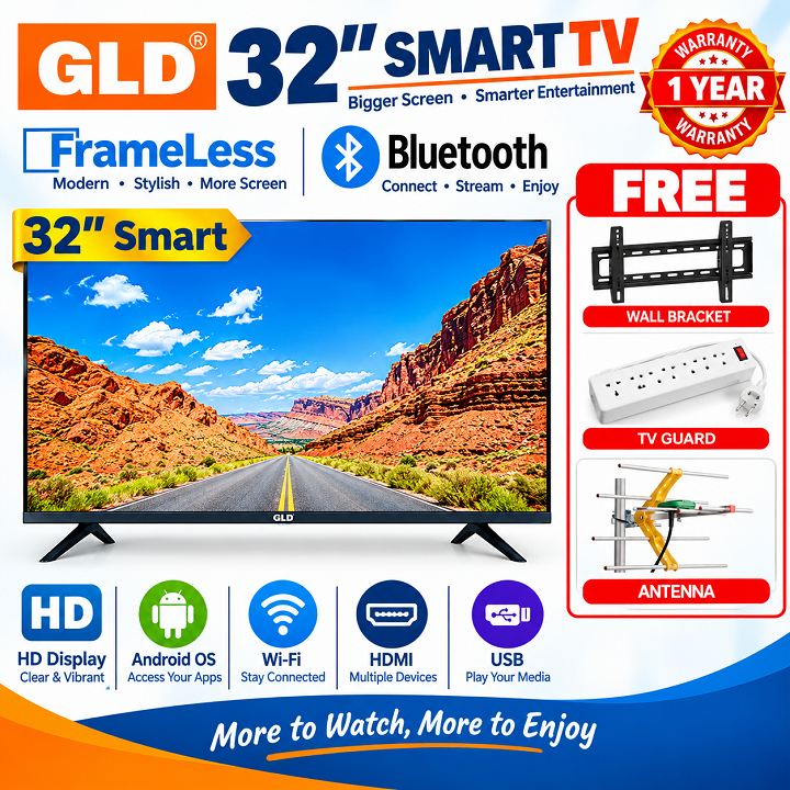 GLD 32" Inch Smart Android TV App-store Bluetooth Enabled Inbuilt Decoder local channels Netflix YouTube TV USBHDMI Ports Built-in WIFI ACCESS GLD32 GLD TV GLD32inch TV+FREE Extension +Bracket +Aerial