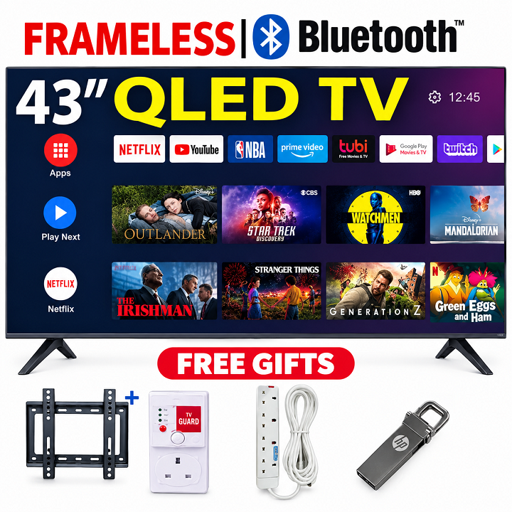 VITRON 43 INCH SMART ANDROID TV HTC4300QFS QLED TV BLUETOOTH TV FRAMELESS FHD TELEVISION NETFLIX YOUTUBE TV BUILT-IN WIFI APP STORE 1GB-RAM 8GB-ROM 2*USB PORTS 3*HDMI PORTS Vitron43 TV +4 FREE GIFTS