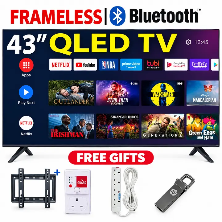 VITRON 43 INCH SMART ANDROID TV HTC4300QFS QLED TV BLUETOOTH TV FRAMELESS FHD TELEVISION NETFLIX YOUTUBE TV BUILT-IN WIFI APP STORE 1GB-RAM 8GB-ROM 2*USB PORTS 3*HDMI PORTS Vitron43 TV +4 FREE GIFTS