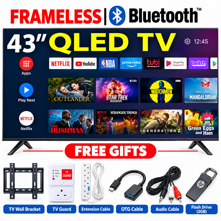 VITRON 43" INCH SMART ANDROID TV FHD HTC4300QFS QLED TV BLUETOOTH FRAMELESS FHD TELEVISION NETFLIX YOUTUBE BUILT-IN WIFI APP STORE 1GB-RAM 8GB-ROM 3*HDMI PORTS ICAST SCREEN VITRON43+6 FREE ACCESSORIES