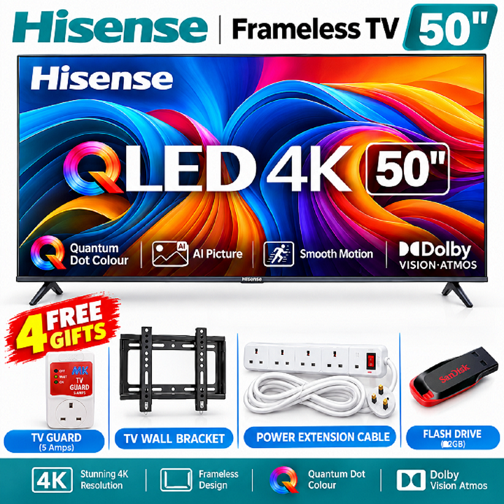 Hisense 50" Inch Smart TV 4K UHD QLED TV VIDAA OS 50Q6 Netflix YouTube Dolby Vision Dolby Atmos HDR10+ AI 4K Upscaler Frameless Wi-Fi Bluetooth HDMI USB Voice Control Hisense50 TV Hisense TV + 4 GIFTS