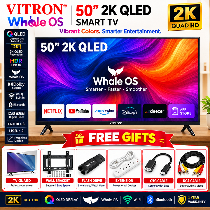 VITRON 50" INCH SMART TV 4K UHD QLED TV HTC50QW BLUETOOTH TELEVISION WIFI TV INBUILT DECODER NETFLIX YOUTUBE APPSTORE 1.5GBRAM 8GBROM VITRON 50INCH TV VITRON50 VITRON TV WHALE TV + 6 FREE ACCESSORIES
