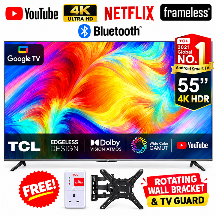 TCL 55" Inch Smart TV 4K ULTRA HDTV 55V6D 2026 Model Google Dolby Vision ATMOS HDR Pro+ Game Accelerator Enhanced Gaming Voice Control NETFLIX YOUTUBE BLUETOOTH TCL55 TCL TV +FREE TVGUARD+TILT BRACKET