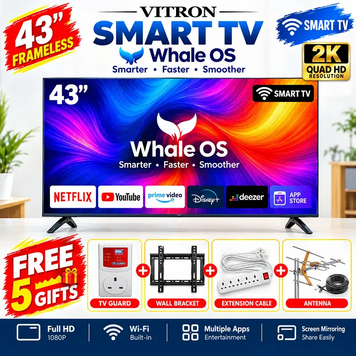 Vitron 43 inch Smart TV Whale OS  TV HTC43W 2K QUAD HD LED TV WIFI Enabled Bluetooth TV Frameless Television Netflix YouTube TV Prime Video Inbuilt Decoder DSTV APP VITRON TV+ 4 EXTRA FREE GIFTS