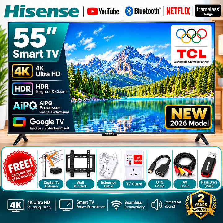 TCL 55 Inch SMART TV 4K ULTRA HD TV 55V6D Google AI TV Dolby Vision Atmos HDR Pro+ Game Accelerator Enhanced Gaming Voice Control NETFLIX YOUTUBE BLUETOOTH INBUILT DECODER + 7 FREE GIFTS