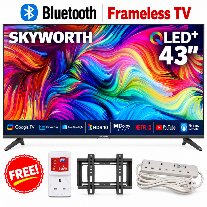 Skyworth Smart Android 43" INCH TV QLED TV GOOGLE AI TV Bluetooth Netflix YouTube TV I-cast Prime Video Google Play Television Inbuilt Decoder Built-in Wi-Fi SKYWORTH TV+FREE TVGUARD+BRACKET+EXTENSION
