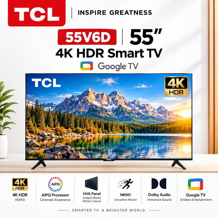 TCL 55" Inch SMART TV 4K ULTRA HD TV 55V6D 2026 Model) Google AI TV Dolby Vision Atmos HDR Pro+ Game Accelerator Enhanced Gaming Voice Control NETFLIX YOUTUBE BLUETOOTH TV FRAMELESS INBUILT DECODER
