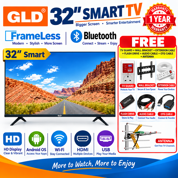 GLD 32" INCHES SMART ANDORID TV , BLUETOOTH ENABLED FRAMELESS,NETFLIX +YOUTUBE-WIFI TELEVISION INBUILT DECODER WIDE COLOR ENHANCER USB HDMI PORTS,ICAST SCREEN,WIDE COLOR ENHANCER GLD32+ 7 FREE GIFTS