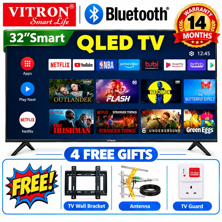 VITRON 32 INCH Smart Android TV QLED TV BLUETOOTH TV Netflix YouTube HTC3288QS FRAMELESS TELEVISION Inbuilt Decoder 3 HDMI and 2 USB ports App Store ICAST SCREEN VITRON32 TV plus 3 EXTRA FREE GIFTS