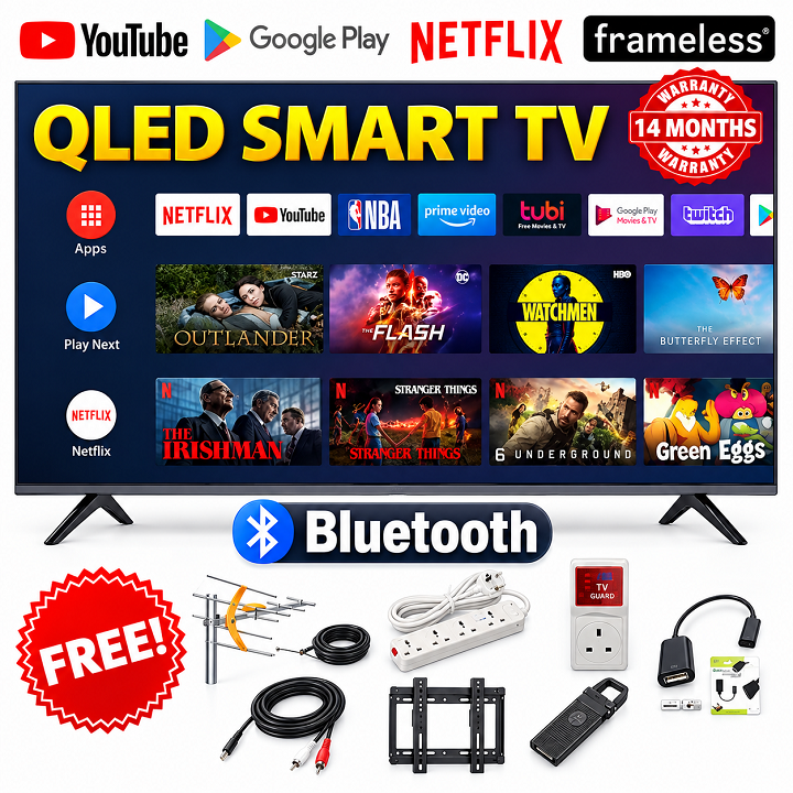 VITRON 32" Inch Smart Android TV QLED TV HTC3288QS BLUETOOTH ENABLED TV FRAMELESS TELEVISION Inbuilt Decoder Inbuilt WIFI CONNECTIVITY Netflix YouTube App store ICAST VITRON TV  Vitron32+ 7 FREE GIFTS