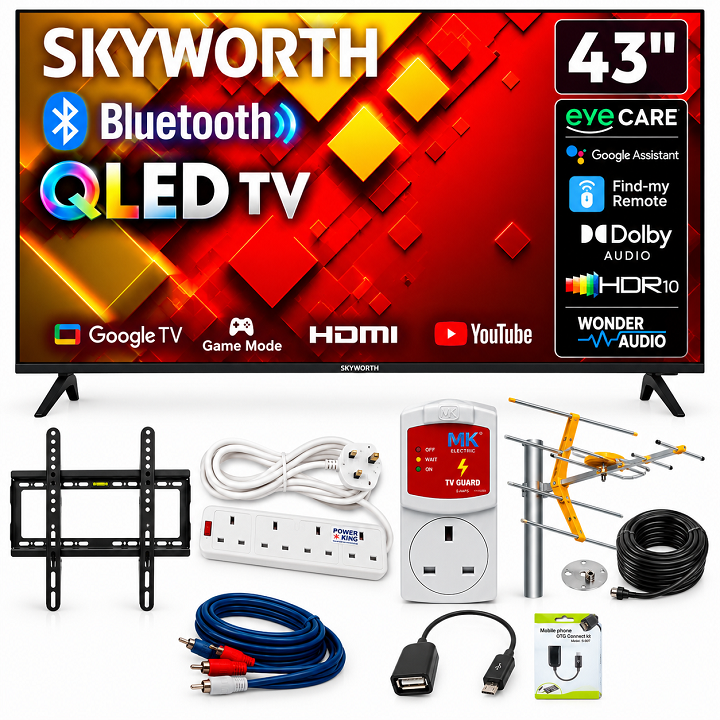 Skyworth 43" inch Smart Android TV QLED TV GOOGLE TV Bluetooth Enabled Netflix Youtube I-cast Prime VIdeo Google Play Assistant Television Inbuilt Decoder Built-in Wi-Fi Enabled  + 6 EXTRA ACCESSORIES