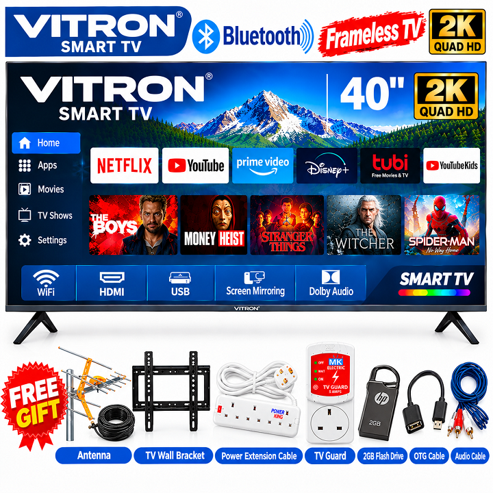 Vitron 40" INCH Smart TV HTC40W LED TV Bluetooth Enabled TV Frameless WIFI ENABLED Netflix YouTube Television Inbuilt Decoder PRIME VIDEO Wide Color Enhancer VITRON TV VITRON40 TV +7 FREE GIFTS