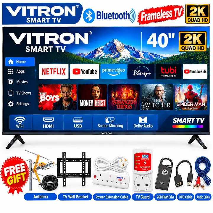 Vitron 40" INCH Smart TV HTC40W LED TV Bluetooth Enabled TV Frameless WIFI ENABLED Netflix YouTube Television Inbuilt Decoder PRIME VIDEO Wide Color Enhancer VITRON TV VITRON40 TV +7 FREE GIFTS