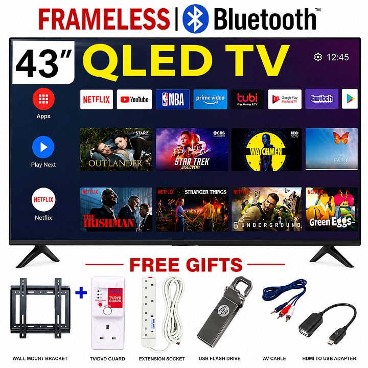 VITRON 43" INCH SMART ANDROID TV FHD HTC4300QFS QLED TV BLUETOOTH FRAMELESS FHD TELEVISION NETFLIX YOUTUBE BUILT-IN WIFI APP STORE 1GB-RAM 8GB-ROM 3*HDMI PORTS ICAST SCREEN VITRON43+6 FREE ACCESSORIES