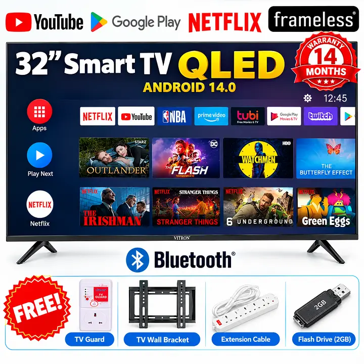VITRON 32" inch Smart Android TV QLED TV HTC3288QS FRAMELESS BLUETOOTH VITRON32" Inch Television Inbuilt Decoder HDMI USB Ports 1GB RAM 8GB ROM Netflix YouTube App store ICAST VITRON TV+ 4 FREE GIFTS