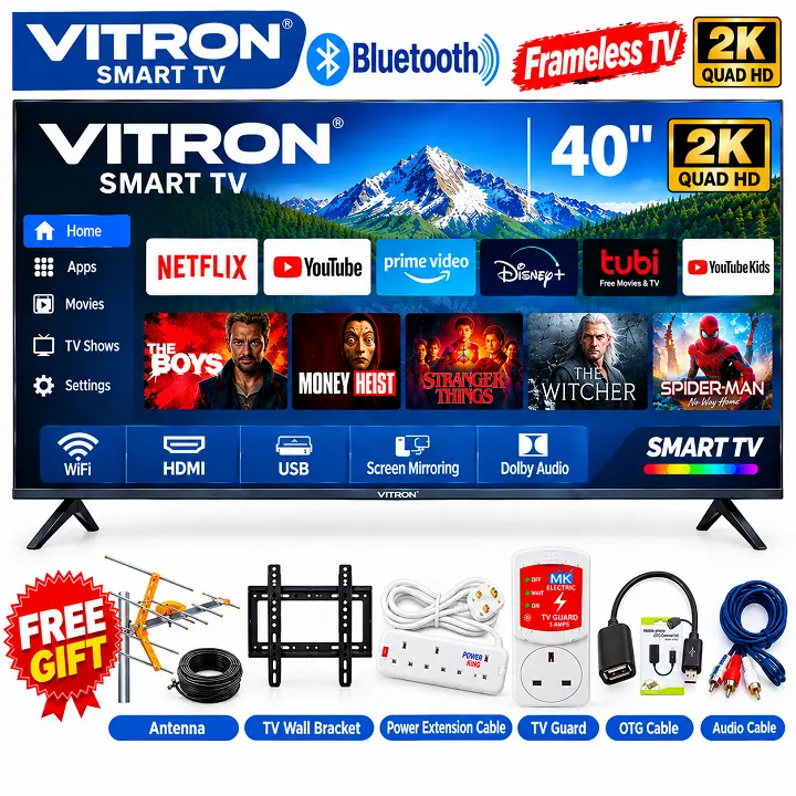 VITRON 40" Inch Smart TV HTC40W,Frameless 2K QUAD HD TV Bluetooth Enabled PRIME VIDEO ,Inbuilt Decoder NETFLIX,YOUTUBE-WIFI Television ICAST SCREEN VITRON TV WHALE OS TV VITRON40+6 EXTRA ACCESSORIES