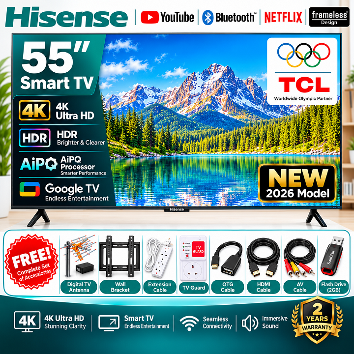 TCL 55 Inch SMART TV 4K ULTRA HD TV 55V6D Google AI TV Dolby Vision Atmos HDR Pro+ Game Accelerator Enhanced Gaming Voice Control NETFLIX YOUTUBE BLUETOOTH INBUILT DECODER + 8 FREE GIFTS