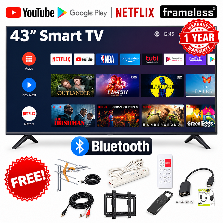 AMTEC 43" inch Smart Android TV FULL HD Bluetooth Enabled TV AMTEC43 Frameless Television Built-in WIFI Inbuilt Decoder 3*HDMI 2*USB Ports Wide Color  ENHANCER NETFLIX YOUTUBE,APPSTORE + 7 FREE GIFTS