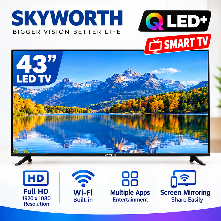 Skyworth 43'' inch Smart Android TV QLED GOOGLE  AI TV Bluetooth Enabled Netflix YouTube I-cast Prime Video Google Play Assistant Television Inbuilt Decoder Built-in Wi-FI+FREE TV GUARD+ EXTENSION