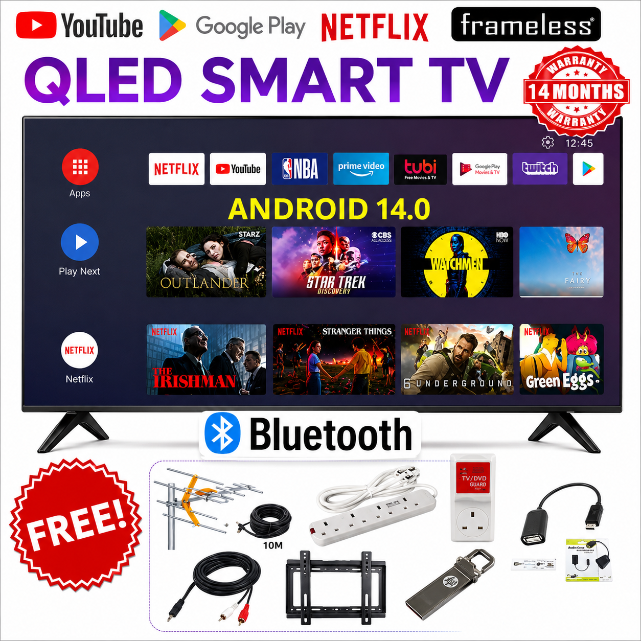 VITRON 32 INCH Smart Android TV QLED BLUETOOTH Enabled TV FRAMELESS Television Inbuilt Decoder HDMI Ports USB ports 1GB RAM 8GB ROM Netflix YouTube App store ICAST VITRON32 Vitron TV plus 7 FREE GIFTS