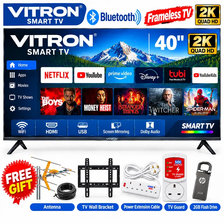 Vitron 40 Inch Smart TV 2K QUAD HD TV HTC40W WHALE OS TV Bluetooth Enabled TV Frameless Television WIFI Netflix YouTube Inbuilt Decoder Wi-Fi enabled Television VITRON TV VITRON40 TV+5 FREE GIFTS