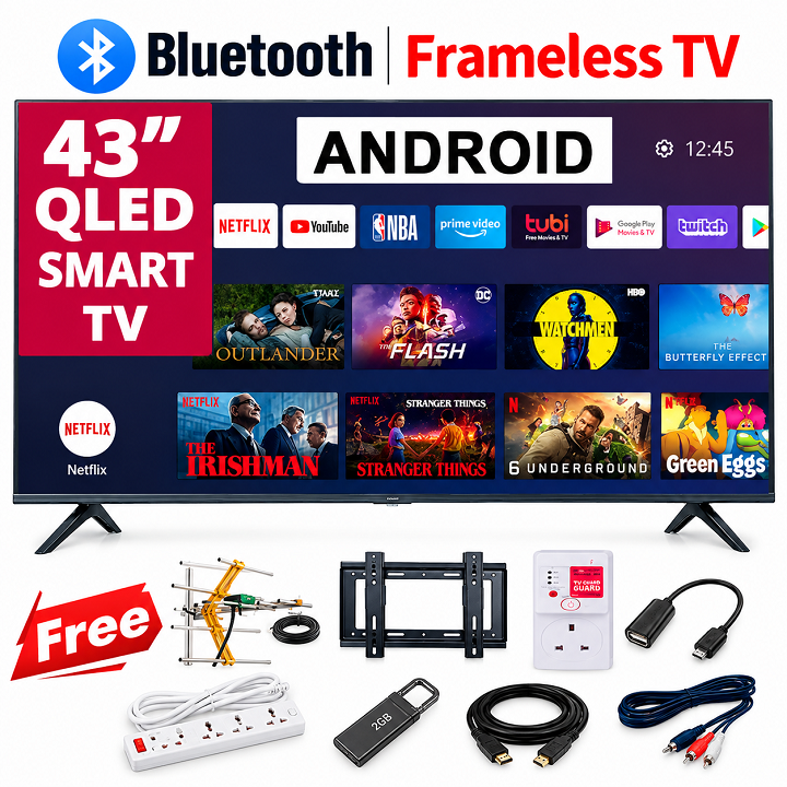 VITRON 43INCH SMART ANDROID TV QLED TV BLUETOOTH ENABLED HTC4300QFS FRAMELESS FHD  NETFLIX YOUTUBE TELEVISION ICAST BUILT-IN WIFI APP STORE 1GB-RAM 8GB-ROM ICAST  VITRON43 Vitron TV+8  FREE GIFTS