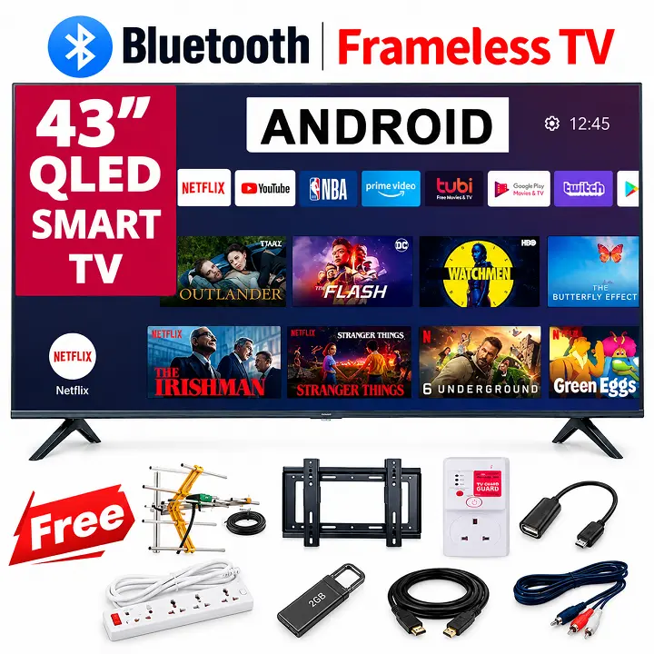 VITRON 43INCH SMART ANDROID TV QLED TV BLUETOOTH ENABLED HTC4300QFS FRAMELESS FHD  NETFLIX YOUTUBE TELEVISION ICAST BUILT-IN WIFI APP STORE 1GB-RAM 8GB-ROM ICAST  VITRON43 Vitron TV+8  FREE GIFTS