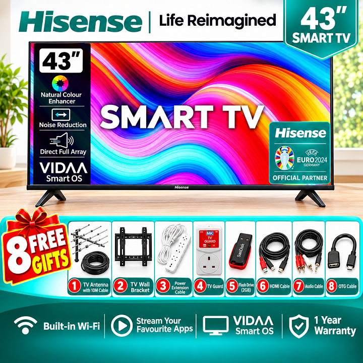HISENSE 43 INCH SMART TV FULL HD RESOLUTION NETFLIX YOUTUBE TV 43A4 SERIES FRAMELESS TELEVISION TV DTS Audio INBUILT DECODER BUILT-IN WIFI ENABLED VIDAA OS HISENSE43 HISENSE TV plus 8 FREE GIFTS