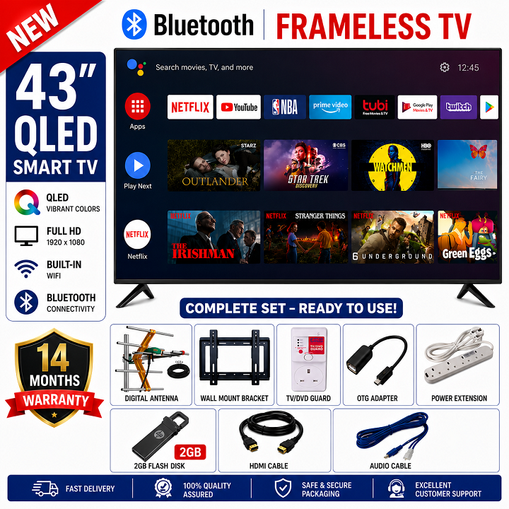 VITRON 43INCH SMART ANDROID TV QLED TV BLUETOOTH ENABLED HTC4300QFS FRAMELESS FHD  NETFLIX YOUTUBE TELEVISION ICAST BUILT-IN WIFI APP STORE 1GB-RAM 8GB-ROM ICAST  VITRON43 Vitron TV+8  FREE GIFTS