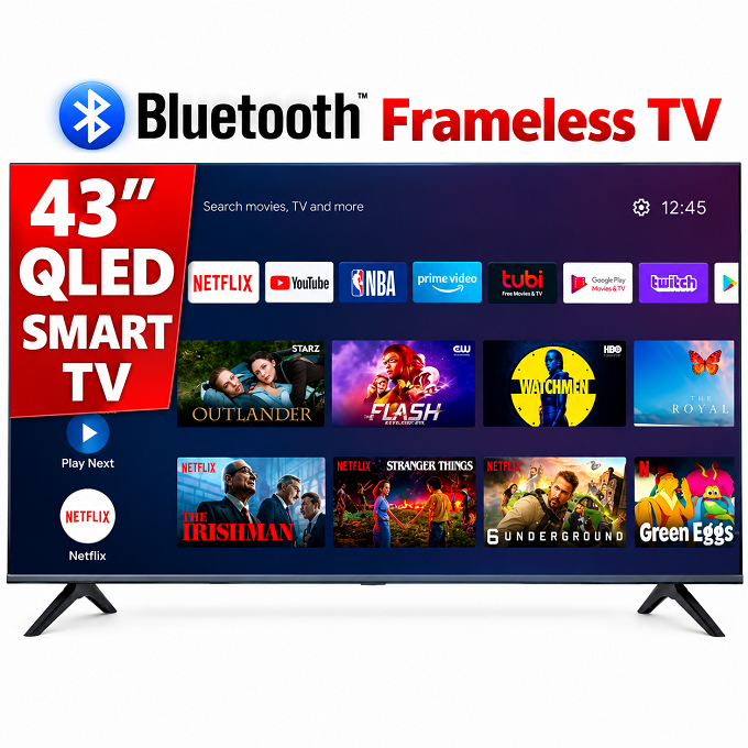 VITRON 43 INCH SMART ANDROID TV HTC4300QFS QLED FHD TV BLUETOOTH FRAMELESS TELEVISION NETFLIX YOUTUBE TELEVISION WIFI TV APPSTORE 1GB RAM 8GBROM 3HDMI PORTS ICAST SCREEN VITRON43 14 Months WARRANTY