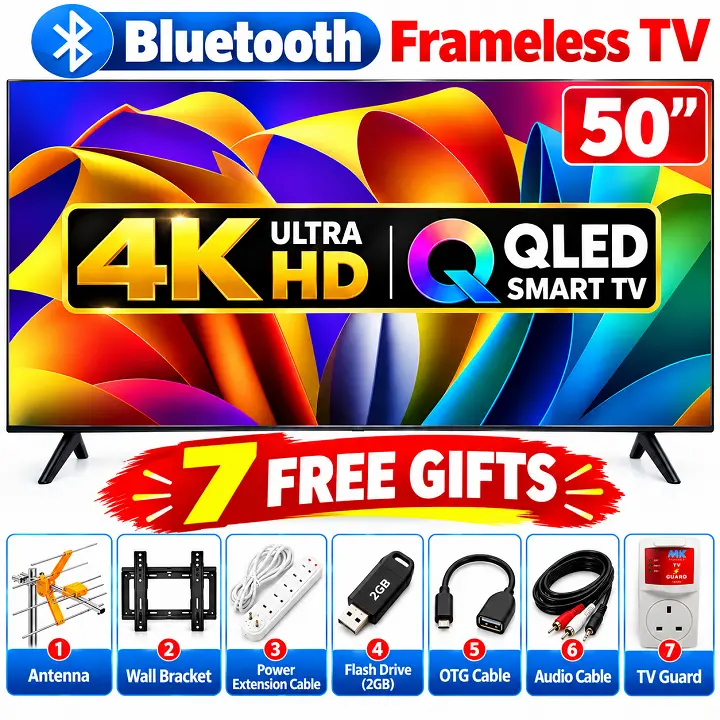 VITRON 50" INCH SMART TV QLED TV HTC50QW 4K UHD BLUETOOTH TV WIFI TELEVISION INBUILT DECODER NETFLIX YOUTUBE APPSTORE 1.5GBRAM 8GBROM VITRON50INCH VITRON TV VitronTV WHALE TV plus 7 Free Gifts