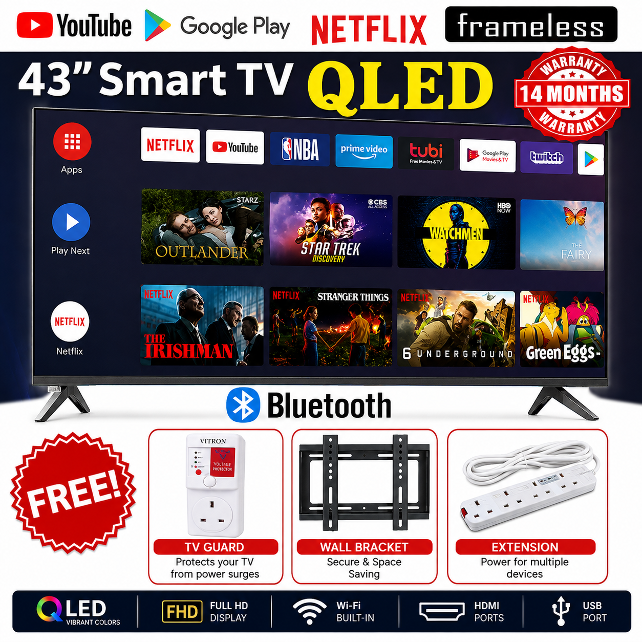 Vitron 43 inch QLED Smart TV HTC4300QFS Android 16 Bluetooth Television Full HD Frameless TV with Netflix YouTube Television 1G+8G VITRON TV VITRON43INCHES VITRON43 TV plus 3 FREE GIFTS