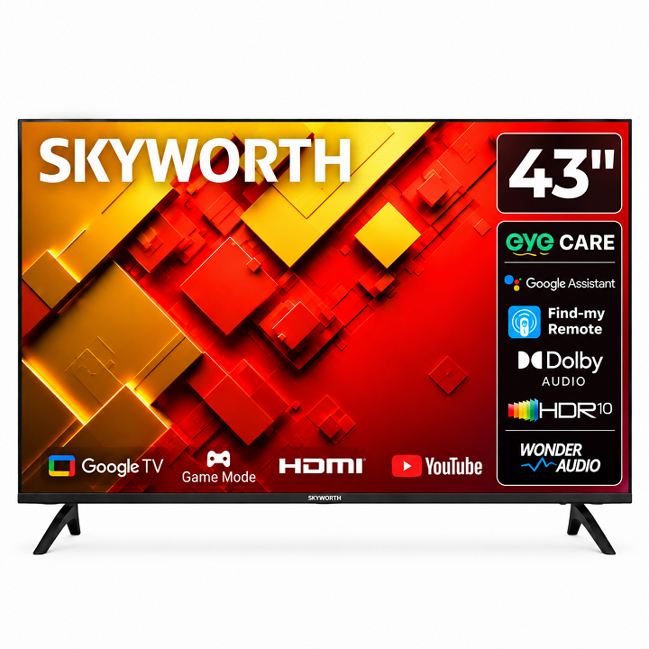 SKYWORTH 43" inch Smart Android TV QLED GOOGLE AI TV Frameless Digital HD Bluetooth ENABLED Television I-cast INBUILT DECODER WIFI Prime Video NETFLIX TV YOUTUBE TV Play store SKYWORTH TV+8 FREE GIFTS
