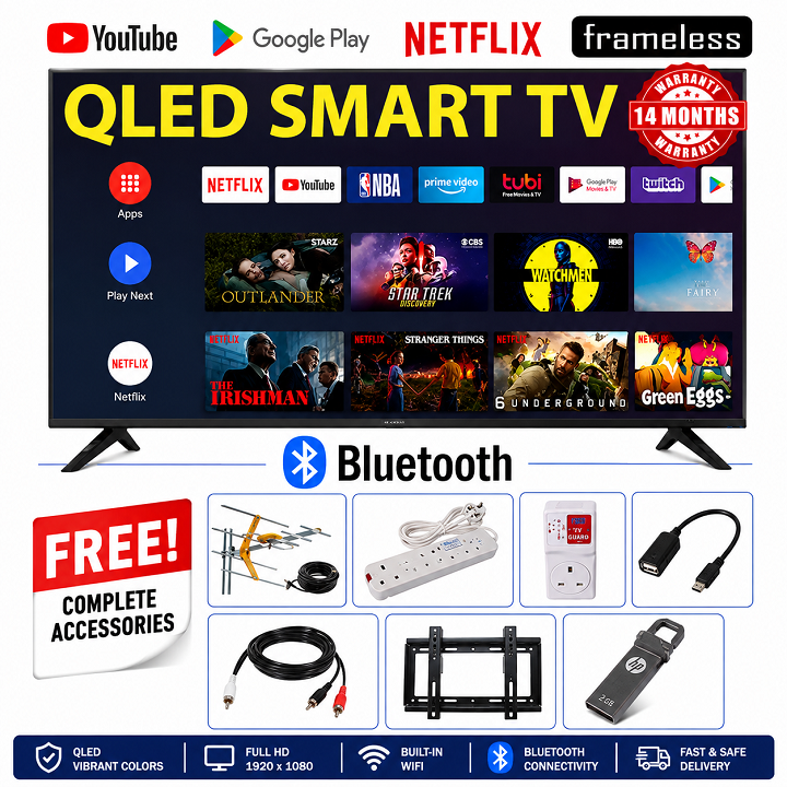 VITRON 43" INCH SMART ANDROID TV QLED TV BLUETOOTH ENABLED HTC4300QFS, FRAMELESS FHD  NETFLIX ,YOUTUBE TELEVISION ICAST BUILT-IN WIFI, APP STORE 1GB-RAM 8GB-ROM ICAST SCREEN  VITRON TV + 7 FREE GIFTS
