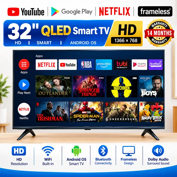 VITRON 32" inch Smart Android TV QLED TV HTC3288QS FRAMELESS BLUETOOTH TV VITRON32" Inch Television  Inbuilt Decoder HDMI /USB Ports1GB RAM 8GB ROM Netflix YouTube TV  App store ICAST SCREEN Vitron TV