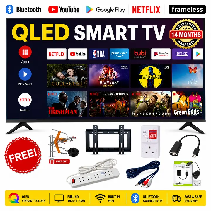 VITRON 43 INCH SMART ANDROID TV FHD QLED TV  ICAST NETFLIX YOUTUBE TELEVISION INBUILT DECODER WIFI ENABLED APP STORE 1GB-RAM 8GB-ROM 2*USB PORTS 3*HDMI PORTS VITRON43 HTC4300QFS+ 6 EXTRA  ACCESSORI