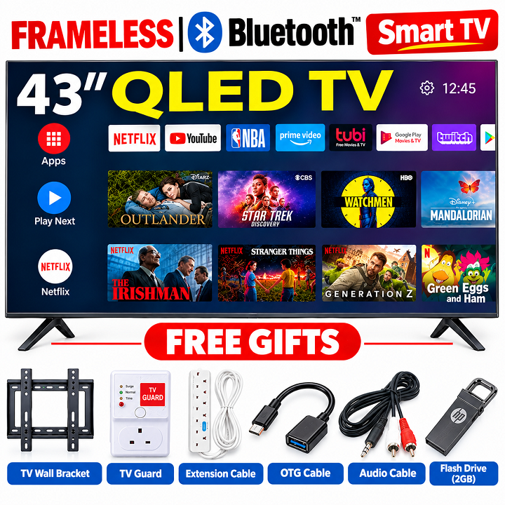 VITRON 43" INCH SMART ANDROID TV FHD HTC4300QFS QLED TV BLUETOOTH FRAMELESS FHD TELEVISION NETFLIX YOUTUBE BUILT-IN WIFI APP STORE 1GB-RAM 8GB-ROM 3*HDMI PORTS ICAST SCREEN VITRON43+6 FREE ACCESSORIES