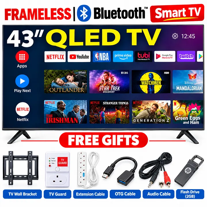 VITRON 43" INCH SMART ANDROID TV FHD HTC4300QFS QLED TV BLUETOOTH FRAMELESS FHD TELEVISION NETFLIX YOUTUBE BUILT-IN WIFI APP STORE 1GB-RAM 8GB-ROM 3*HDMI PORTS ICAST SCREEN VITRON43+6 FREE ACCESSORIES