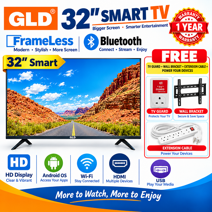 GLD 32" Inch Smart Android TV App-store Bluetooth Enabled Inbuilt Decoder local channels Netflix YouTube TV USBHDMI Ports Built-in WIFI ACCESS GLD32 GLD TV GLD32inch TV+FREE TV Guard+Bracket+Extension