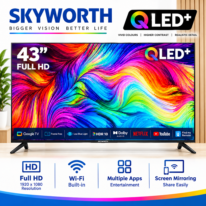 Skyworth 43'' inch Smart Android TV QLED GOOGLE  AI TV Bluetooth Enabled Netflix YouTube I-cast Prime Video Google Play Assistant Television Inbuilt Decoder Built-in Wi-FI+FREE TV GUARD+ EXTENSION