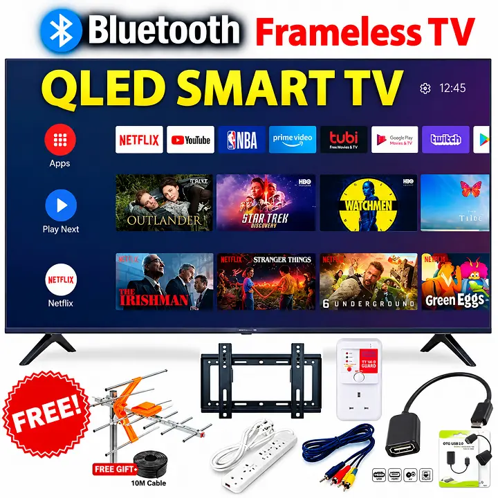 VITRON 43 INCH Smart Android TV QLED FHD TV BLUETOOTH HTC4300QFS FRAMELESS TELEVISION NETFLIX YOUTUBE BUILTIN WIFI APPSTORE 1GB RAM 8GBROM 2USB 3HDMI PORTS Vitron43 VITRON TV+6 EXTRA ACCESSORIES